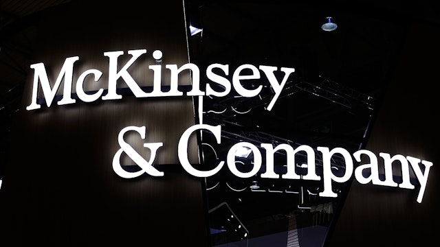 The McKinsey and Company logo is being displayed at their pavilion during the Mobile World Congress in Barcelona, Spain, on February 28, 2024. McKinsey and Company, an American multinational strategy and management consulting firm, is providing professional services to corporations, governments, and other organizations and is the oldest and largest of the Big Three management consultancies.