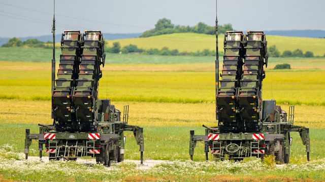 03 July 2023, Poland, Zamosc: Two of the Patriot systems deployed at the German Air and Missile Defense Task Force (PATRIOT) contingent are facing east. German Defense Minister Pistorius visited the deployment site in the afternoon.