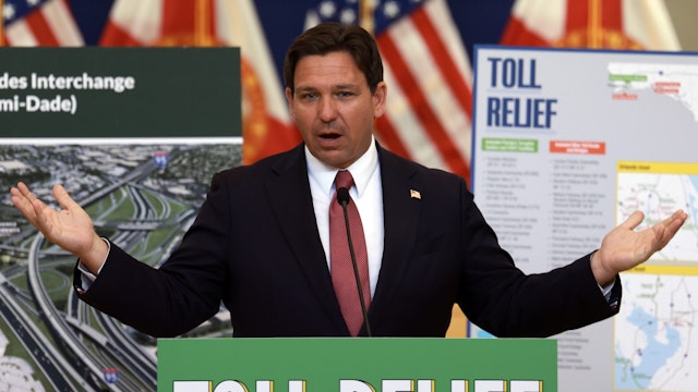 MIAMI, FLORIDA - APRIL 01: Florida Gov. Ron DeSantis speaks about a toll highway relief program during a press conference held at the Greater Miami Expressway Agency on April 01, 2024, in Miami, Florida. The Governor announced a second consecutive year of a Toll Relief Program, which is expected to cut the toll rates of frequent commuters in half by applying a toll credit from April 2024 to March 2025.
