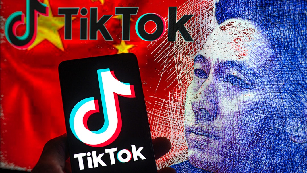 TikTok logo seen on mobile with TikTok CEO Shou Zi Chew sketch displayed on screen. On 23 March 2023 in Brussels, Belgium.