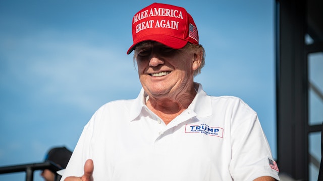 DORAL, FLORIDA - APRIL 7: 45th President of the United States Donald Trump during the LIV Golf Miami Tournament on April 7, 2024 in Doral, Florida, United States.