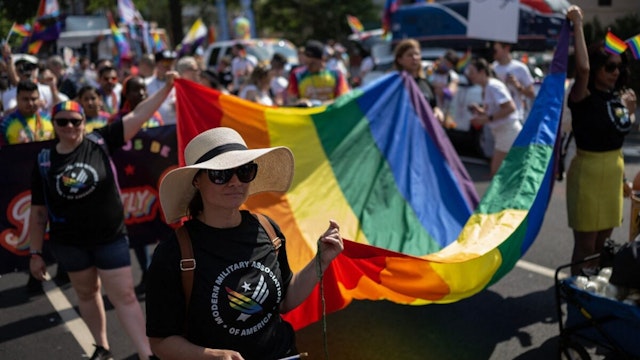 Members of the US military community march down the road during the Capital Pride Festival in Washington, DC, on June 10, 2023.