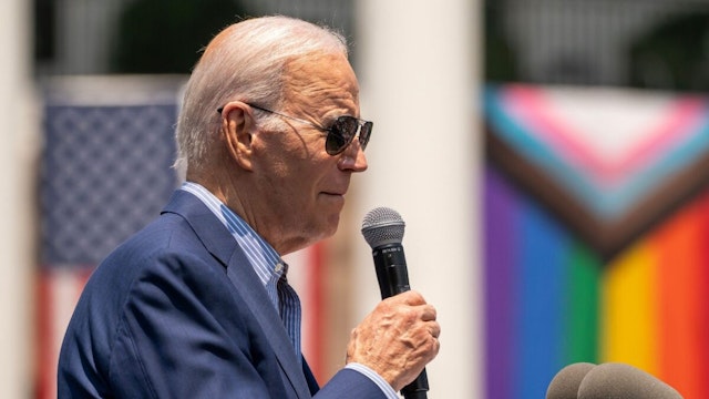 US President Joe Biden speaks during a Pride Month celebration event at the White House in Washington, DC, US, on Saturday, June 10, 2023.