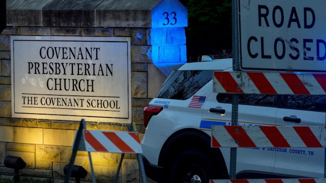 NASHVILLE, UNITED STATES - MARCH 27: Nashville police block the entrance of the Covenant School, a Presbyterian school associated with a church after three children and three adults were gunned down in Nashville, Tennessee, United States on March 27, 2023.