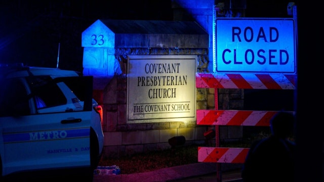 NASHVILLE, UNITED STATES - MARCH 27: Nashville police block the entrance of the Covenant School, a Presbyterian school associated with a church after three children and three adults were gunned down in Nashville, Tennessee, United States on March 27, 2023.