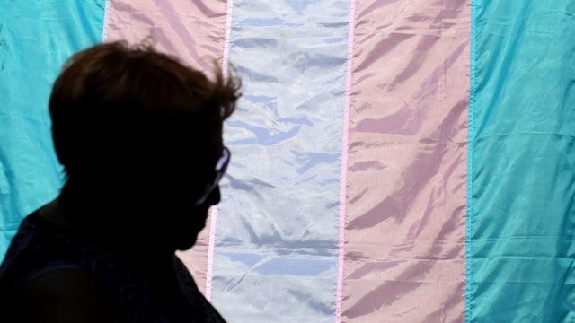A person walks past a Transgender flag during The TransFest 2023 in the Queens borough of New York City on July 29, 2023.