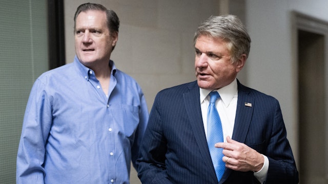 UNITED STATES - OCTOBER 10: Reps. Michael McCaul, R-Texas, right, and Mike Turner, R-Ohio, leave a House Republican Conference candidate forum for speaker meeting in Longworth Building on Tuesday, October 10, 2023.