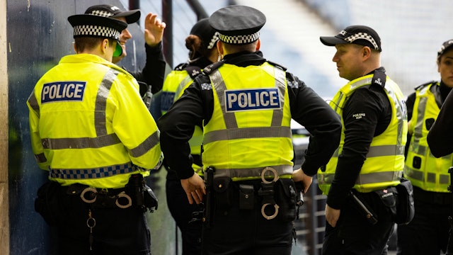 GLASGOW, SCOTLAND - APRIL 21: A general view of police officers during a Scottish Gas Scottish Cup semi-final match between Rangers and Heart of Midlothian at Hampden Park, on April 21, 2024, in Glasgow, Scotland.