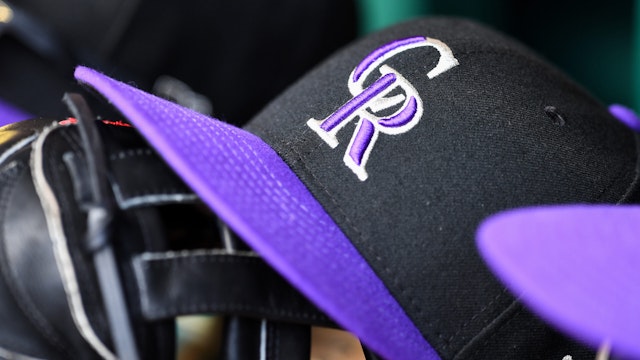 WASHINGTON, DC - MAY 28, 2022: A closeup view of the Colorado Rockies logo on a hat during the fourth inning of game one of a doubleheader against the Washington Nationals at Nationals Park on May 28, 2022 in Washington, DC.