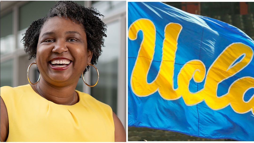 UCLA diversity official Natalie J. Perry (Credit: UCLA). At right, a UCLA flag (Credit: Icon Sportswire / Contributor via Getty Images)