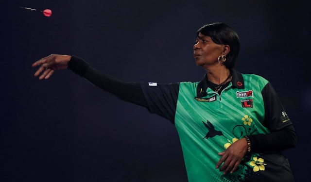 Deta Hedman of Jamaica in action during his first round match against Andy Boulton of England during day five of the PDC William Hill World Darts Championship at Alexandra Palace on December 19, 2020 in London, England. (Photo by Luke Walker/Getty Images)