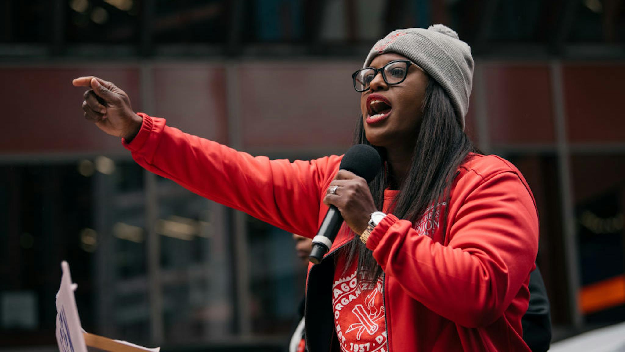 Chicago Teachers Hold Major Rally In Downtown Chicago As Strike Continues CHICAGO, IL - OCTOBER 23: Chicago Teachers Union Vice President Stacy Davis Gates speaks at a downtown rally in support of the ongoing teachers strike on October 23, 2019 in Chicago, Illinois. Union teachers and school staff members are demanding more funding from the city in order to lower class sizes, hire more support staff, and build new affordable housing for the 16,000 Chicago Public Schools students whose families are homeless. (Photo by Scott Heins/Getty Images)
