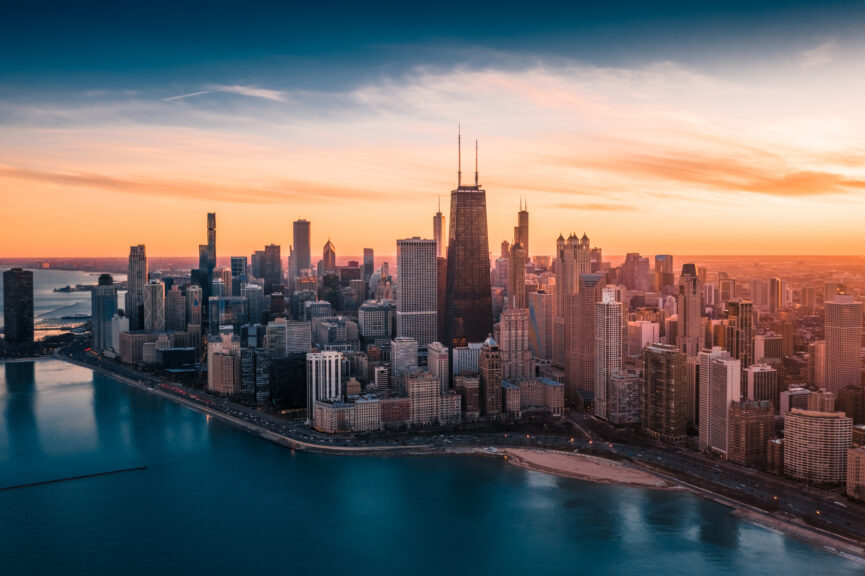 Aerial Dramatic View of Downtown Chicago at Sunset - Lake Shore Drive. Aerial_Views. Getty Images.