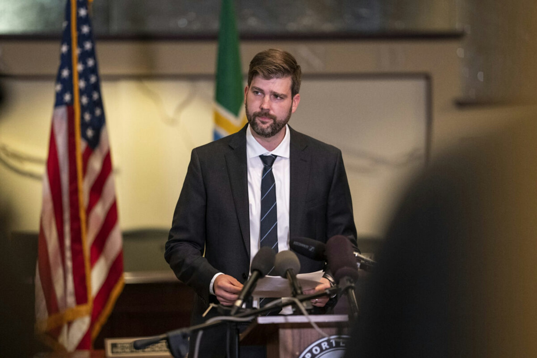 PORTLAND, OR - AUGUST 30: Mike Schmidt, Multnomah County district attorney, speaks to the media at City Hall on August 30, 2020 in Portland, Oregon. A man was fatally shot Saturday night as a Pro-Trump rally clashed with Black Lives Matter protesters in downtown Portland.