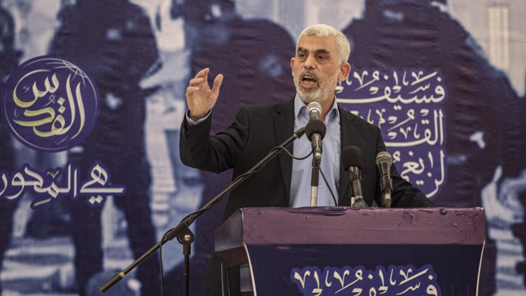 30 April 2022, Palestinian Territories, Gaza: Yahya Sinwar, leader of the Palestinian Hamas Islamist movement in the Gaza Strip delivers a speech during a meeting with people at a hall on the sea side of Gaza City.