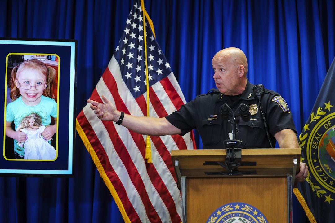 Manchester Police Chief Allen Aldenberg points to a photo of Harmony Montgomery, the 5-year-old New Hampshire girl who has been missing since 2019.