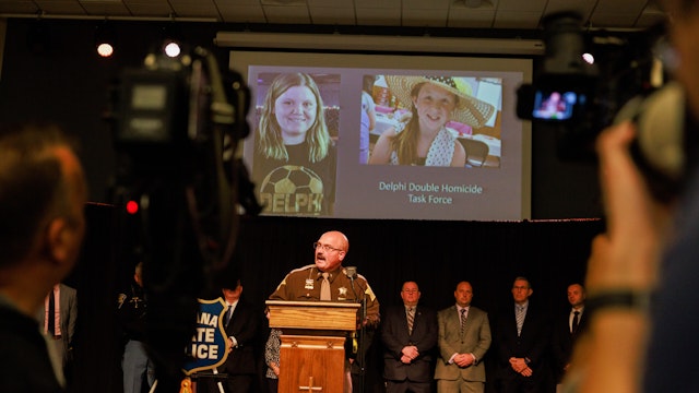 Carroll County Sheriff Tobias Leazenby speaks during a press conference after they arrested Richard Allen due to the 2017 murder of the two eighth-graders in Delphi.