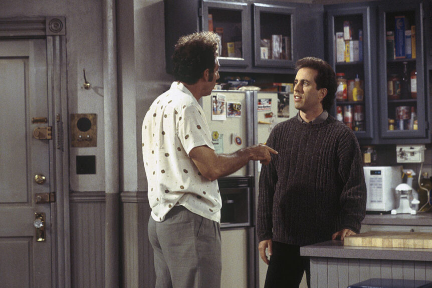 SEINFELD -- "The Blood" Episode 4 -- Pictured: (l-r) Michael Richards as Cosmo Kramer, Jerry Seinfeld as Jerry Seinfeld (Photo by Joey Delvalle/NBCU Photo Bank/NBCUniversal via Getty Images via Getty Images)