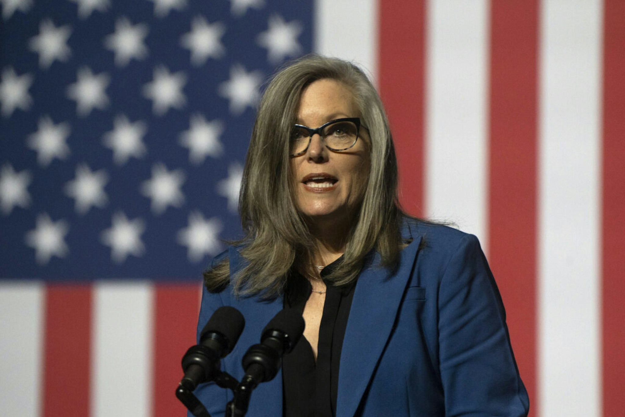 TEMPE, ARIZONA - SEPTEMBER 28: Arizona Gov. Katie Hobbs gives a brief speech prior to President Joe Biden's remarks at the Tempe Center for the Arts on September 28, 2023 in Tempe, Arizona. Biden delivered remarks on protecting democracy, honoring the legacy of the late Sen. John McCain (R-AZ), and revealed funding for the McCain Library.