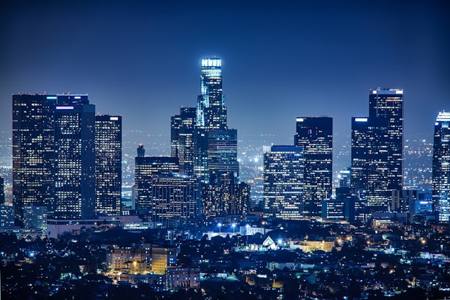 mbbirdy. Getty Images. Los Angeles skyline by night, California, USA.