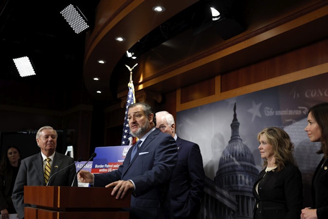 Sen. Ted Cruz (R-TX) speaks during a press conference on border security alongside Sen. John Cornyn (R-TX) at the U.S. Capitol Building on September 27, 2023 in Washington, DC.