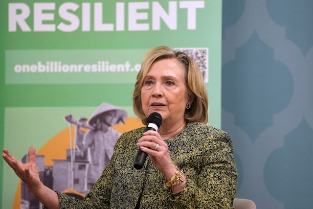 Hillary Clinton takes part in the event: ‘Empowering Communities: Women at the heart of climate resilience’ on day four of the UNFCCC COP28 Climate Conference at Expo City Dubai on December 03, 2023 in Dubai, United Arab Emirates.