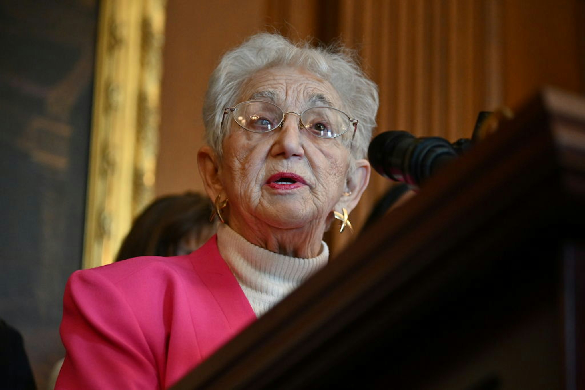 WASHINGTON, DC - APRIL 20: Rep. Virginia Foxx (R-NC) speaks ahead of the vote on The Protection of Women and Girls Sports Act during a news conference at the U.S. Capitol on April 20, 2023 in Washington, D.C.