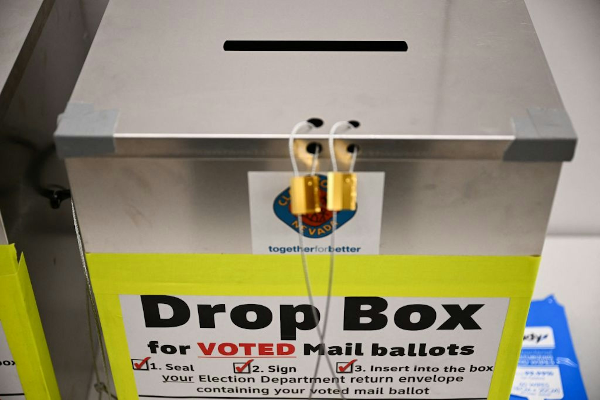 A ballot drop box for voted mail ballots is displayed in a Clark County vote center on Election Day during the Nevada 2024 presidential primary election in Las Vegas, Nevada, on February 6, 2024. (Photo by Patrick T. Fallon / AFP)
