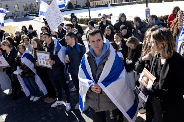 Students hold a rally in support of Israel and demand greater protection from anti-semitism on campus at Columbia University, February 14, 2024 in New York City