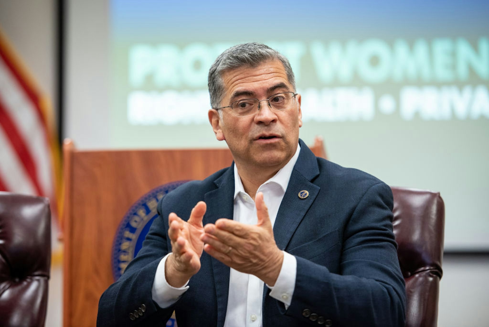 Xavier Becerra, secretary of Health and Human Services (HHS), during a meeting with patients and doctors impacted by the Alabama Supreme Court ruling on in-vitro fertilization in Birmingham, Alabama, US, on Tuesday, Feb. 27, 2024. Alabama's fertility industry is under threat in the wake of a ruling from the state Supreme Court that said frozen embryos are considered children, meaning people who destroy them could be held liable for wrongful death.