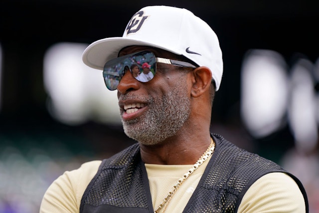 ARLINGTON, TEXAS - MARCH 30: Former NFL player and Colorado Buffalos head coach Deion Sanders looks on before a game between the Birmingham Stallions and Arlington Renegades at Choctaw Stadium on March 30, 2024 in Arlington, Texas. (Photo by Sam Hodde/UFL/Getty Images)