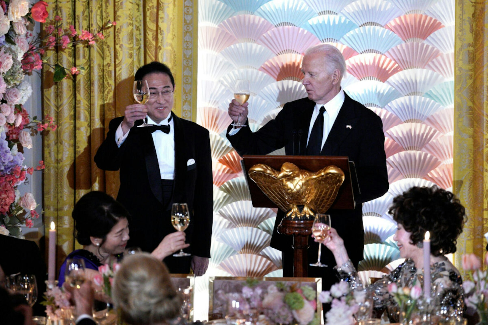 US President Joe Biden, right, and Fumio Kishida, Japan's prime minister, during a state dinner in the East Room of the White House in Washington, DC, US, on Wednesday, April 10, 2024.