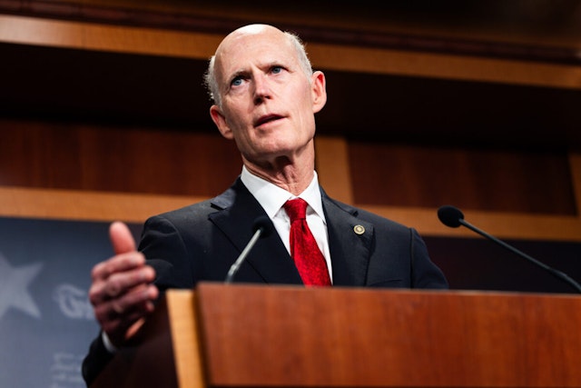 Senator Rick Scott, a Republican from Florida, speaks during a news conference at the US Capitol in Washington, DC, US, on Tuesday, April 16, 2024
