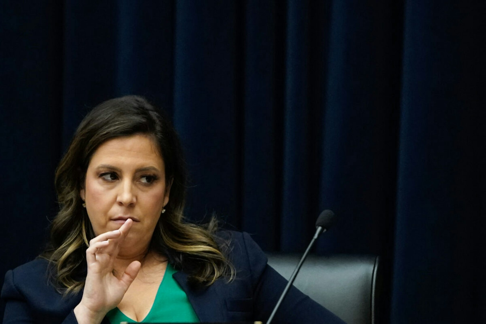 US Representative Elise Stefanik, Republican of New York, listens during a House Committee on Education and the Workforce hearing about antisemitism on college campuses, on Capitol Hill in Washington, DC, on April 17, 2024.