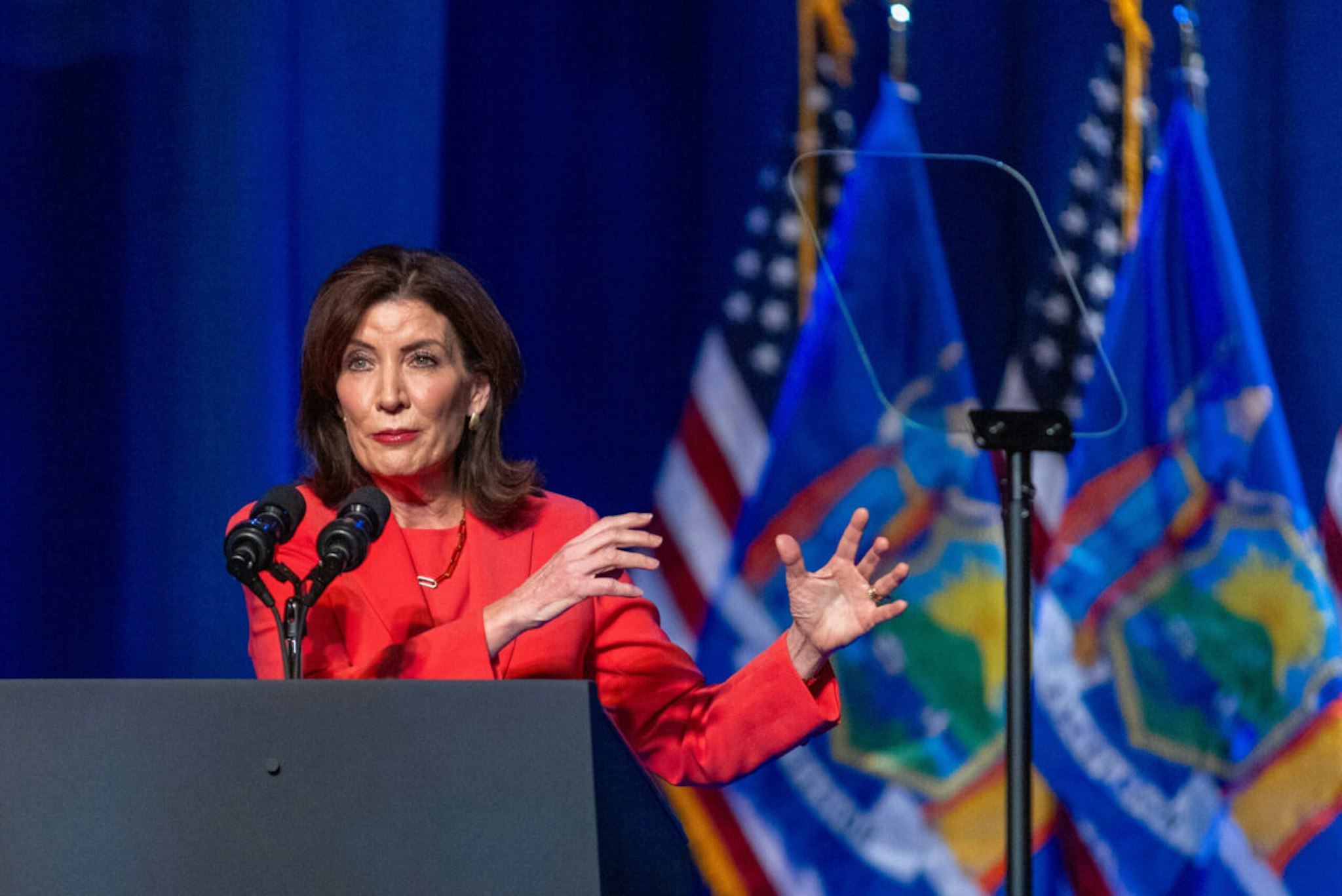 Kathy Hochul, governor of New York, speaks during an event with US President Joe Biden, not pictured, at the Milton J. Rubenstein Museum of Science and Technology in Syracuse, New York, US, on Thursday, April 25, 2024.
