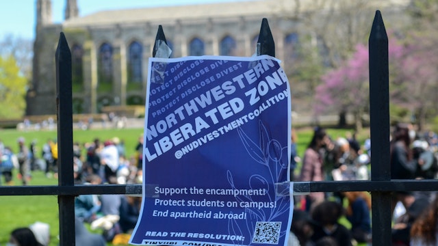 Students set up tents outside Northwestern University as part of an ongoing protest in support of Palestinian rights, demonstrating their commitment to the cause in Evanston, Illionis, United States on April 25, 2024.