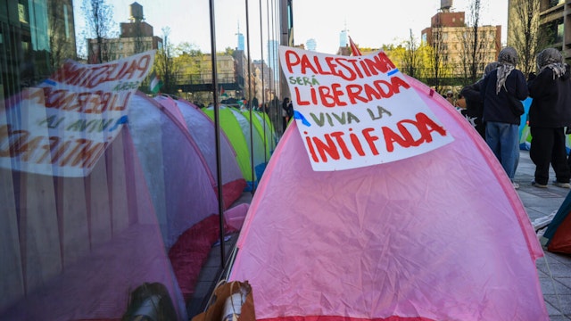 NEW YORK, UNITED STATES - APRIL 26: Students from New York University take part in a protest against the ongoing Israeli attacks on the Gaza Strip, on April 26, 2024 in New York City, United States.