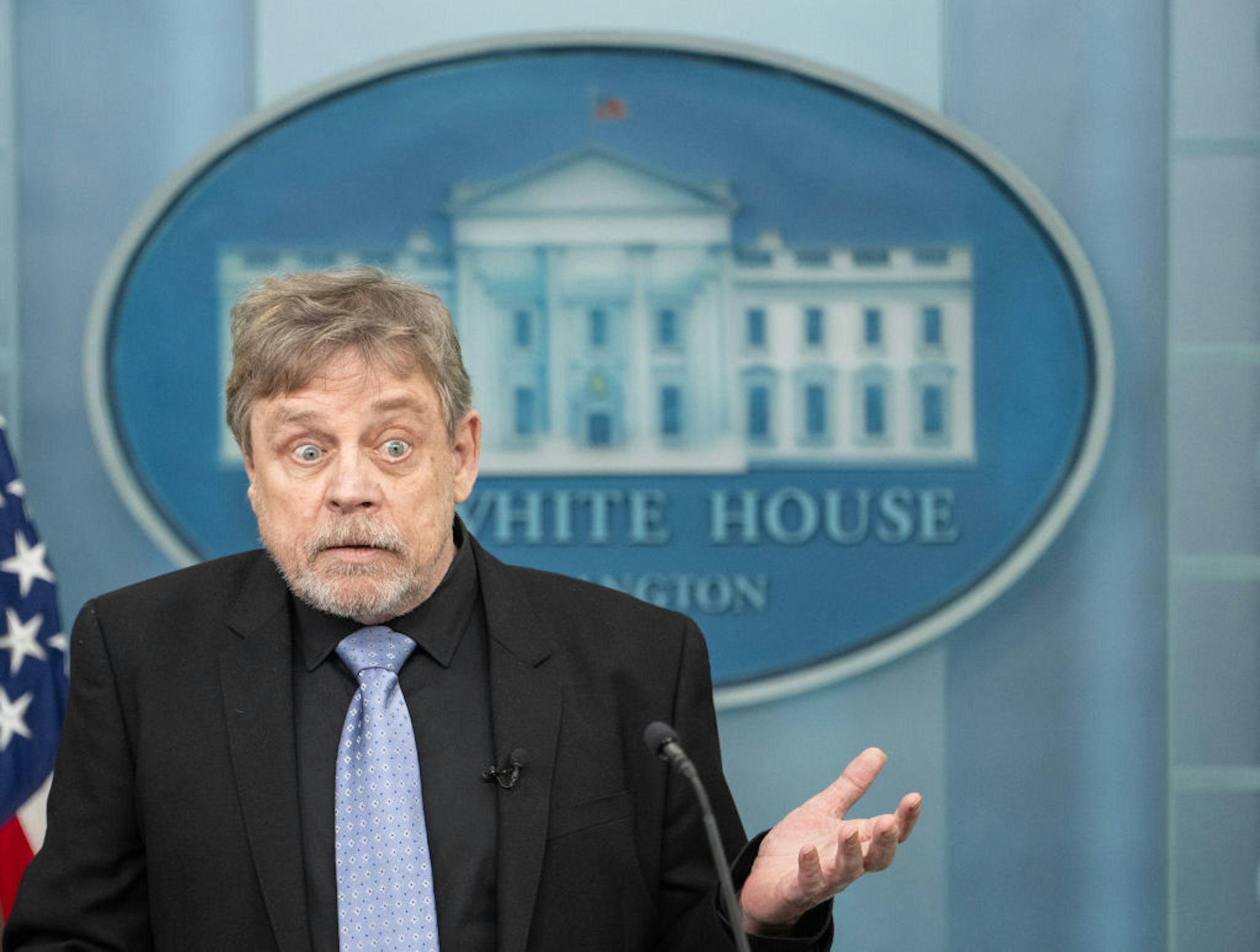 CORRECTION / US actor Mark Hamill speaks during the daily press briefing in the Brady Press Briefing Room of the White House in Washington, DC, on May 3, 2024. (Photo by ANDREW CABALLERO-REYNOLDS / AFP) / "The erroneous mention[s] appearing in the metadata of this photo by ANDREW CABALLERO-REYNOLDS has been modified in AFP systems in the following manner: [Mark Hamill] instead of [Mark Hammil]. Please immediately remove the erroneous mention[s] from all your online services and delete it (them) from your servers. If you have been authorized by AFP to distribute it (them) to third parties, please ensure that the same actions are carried out by them. Failure to promptly comply with these instructions will entail liability on your part for any continued or post notification usage. Therefore we thank you very much for all your attention and prompt action. We are sorry for the inconvenience this notification may cause and remain at your disposal for any further information you may require." (Photo by ANDREW CABALLERO-REYNOLDS/AFP via Getty Images)