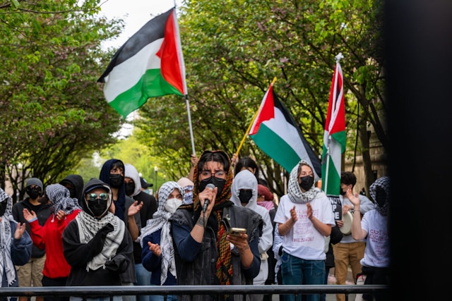 Pro-Palestinian supporters continue to demonstrate with a protest encampment on the campus of Columbia University on April 30, 2024 in New York City.