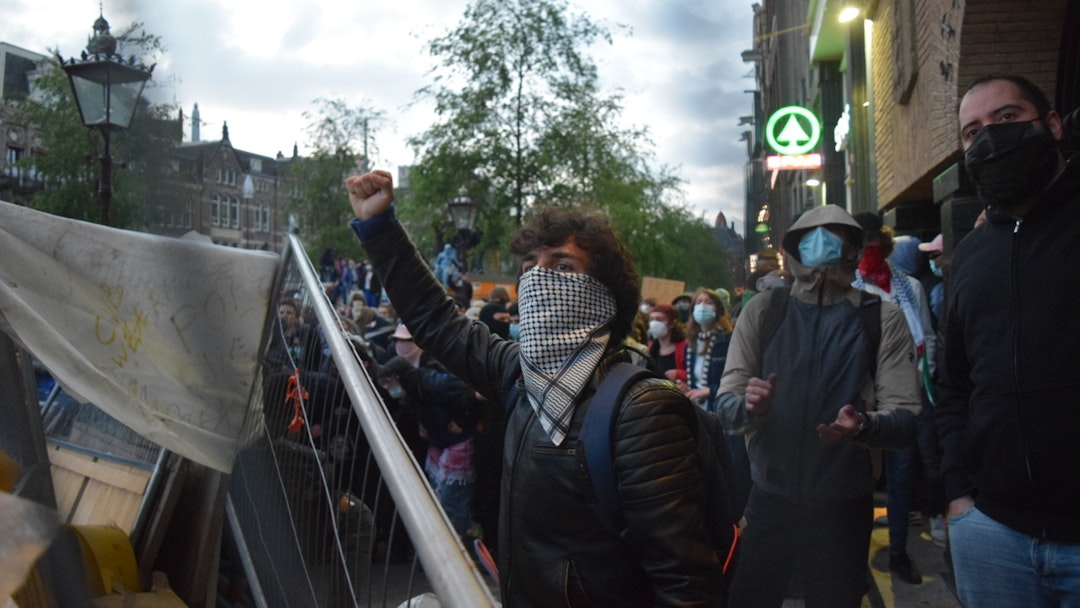 Police take security measures as pro-Palestinian protesters gather in University of Amsterdam to stage demonstration on the city's streets to call for their institution to end all ties with Israel and to protest against Israeli attacks over Gaza on May 08, 2024 in Amsterdam, Netherlands.
