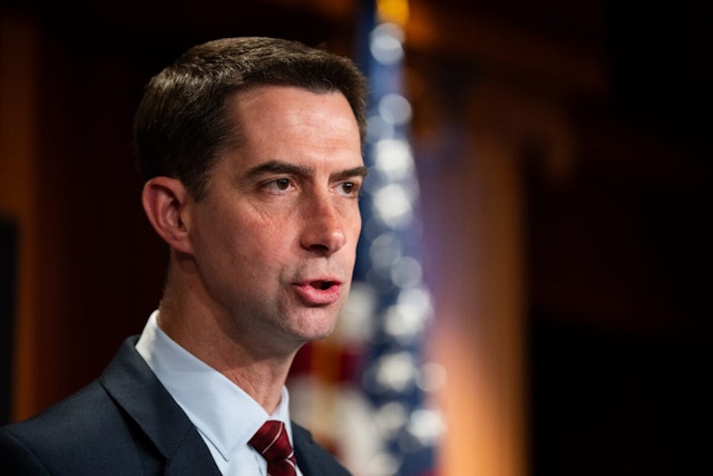 Sen. Tom Cotton, R-Ark., speaks during the Senate Republicans' news conference in the U.S. Capitol on a resolution that condemns any action by the Biden Administration to withhold or restrict weapons for Israel on Thursday , May 9, 2024.
