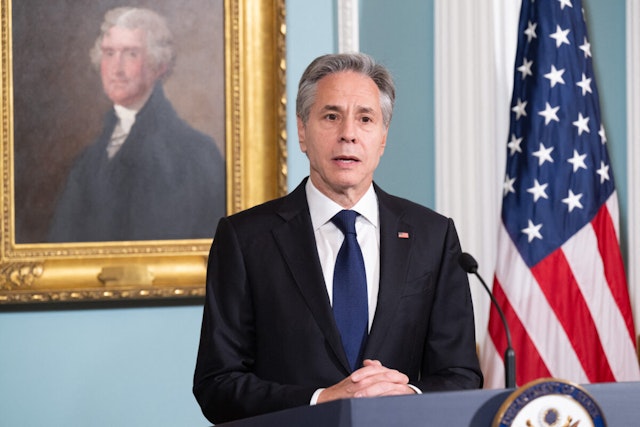 US Secretary of State Antony Blinken speaks prior to signing a Memorandum of Understanding on Foreign State Information Manipulation with Spanish Foreign Minister Jose Manuel Albares during a signing ceremony at the State Department in Washington, DC, May 10, 2024.