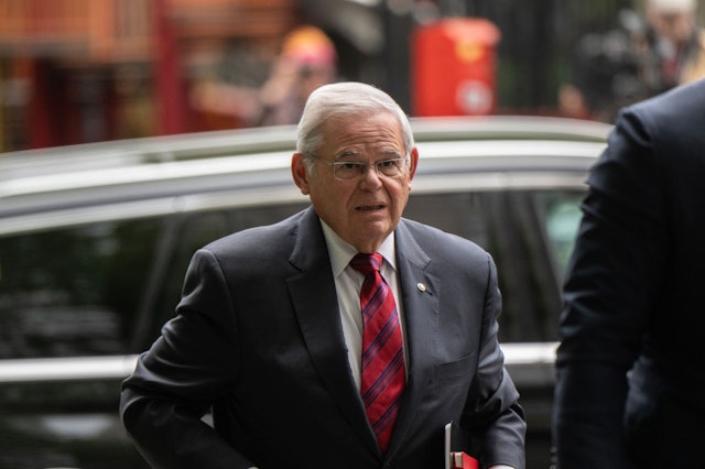 Senator Robert Menendez, a Democrat from New Jersey, arrives at federal court in New York, US, on Monday, May 13, 2024. Menendez is accused of accepting bribes of cash, gold bars and a car to help three businessmen and the Egyptian government, and is charged with acting as a foreign agent of Egypt.