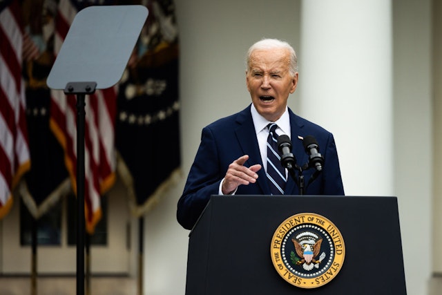 US President Joe Biden speaks in the Rose Garden of the White House in Washington, DC, US, on Tuesday, May 14, 2024. Biden is hiking tariffs on a wide range of Chinese imports, including semiconductors, batteries, solar cells, and critical minerals, in an election-year bid to bolster domestic manufacturing in critical industries.