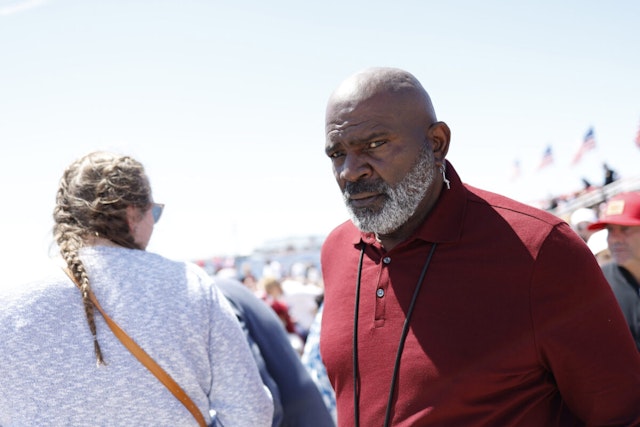Former NFL football player Lawrence Taylor arrives for a Republican presidential candidate former U.S. President Donald Trump campaign rally in Wildwood Beach on May 11, 2024 in Wildwood, New Jersey.