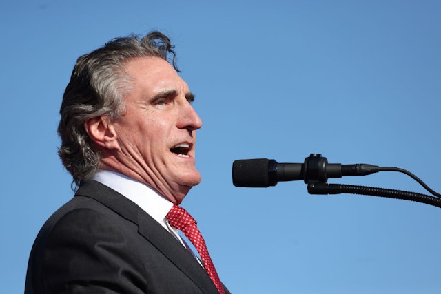 WILDWOOD, NEW JERSEY - MAY 11: North Dakota Governor Doug Burgum speaks during a campaign rally for Republican presidential candidate former U.S. President Donald Trump in Wildwood Beach on May 11, 2024 in Wildwood, New Jersey. The former President and presumptive Republican nominee held a campaign rally as his hush money trial takes a weekend break. Michael Cohen, Trump's former attorney, is expected to be called to testify on Monday when the trial resumes. (Photo by Michael M. Santiago/Getty Images)