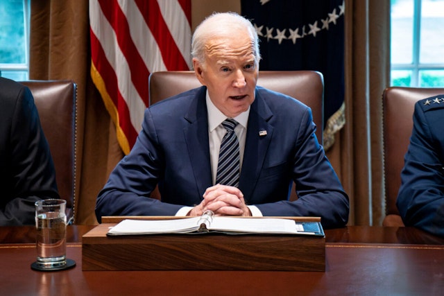 US President Joe Biden during a meeting in the Cabinet Room of the White House in Washington, DC, US, on Wednesday, May 15, 2024.