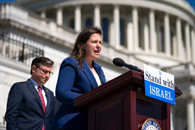 US House Speaker Mike Johnson, a Republican from Louisiana, left, and Representative Elise Stefanik, a Republican from New York, during a news conference outside the US Capitol in Washington, DC, US, on Thursday, May 16, 2024.
