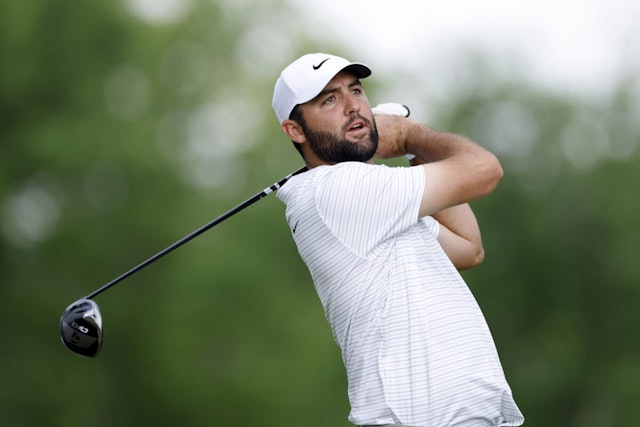 LOUISVILLE, KY - MAY 16: Scottie Scheffler (USA) hits a drive at the 12th hole during the first round of the 2024 PGA Championship at Valhalla Golf Club on May 16, 2024 in Louisville, Kentucky.