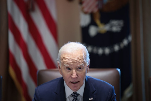 WASHINGTON, DC - MAY 15: U.S. President Joe Biden delivers remarks while meeting with the Joint Chiefs and Combatant Commanders in the Cabinet Room of the White House May 15, 2024 in Washington, DC. Biden will host a dinner later this evening for the same group. (Photo by Win McNamee/Getty Images)